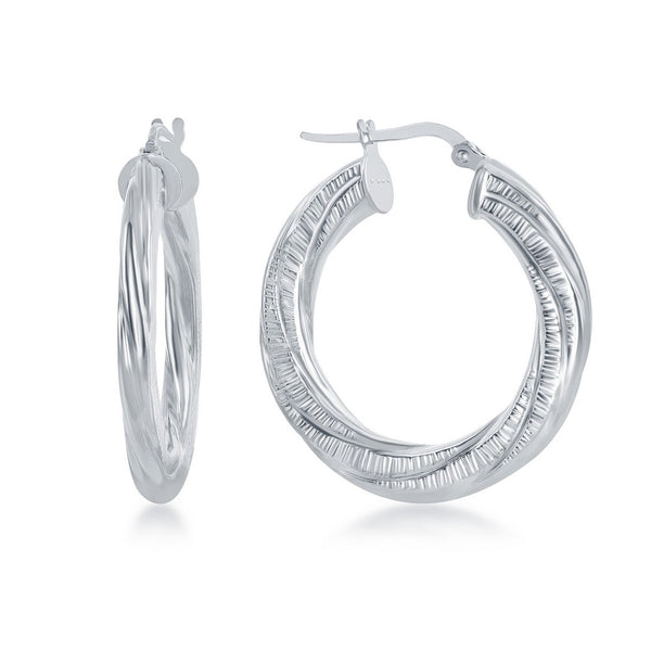 Sterling Silver Twist Design 30mm Hoop Earrings - Rhodium Plated