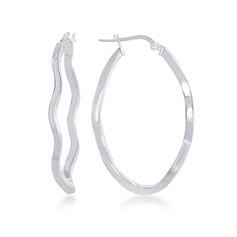 Sterling Silver Wavy Designed Oval Hoop Earrings - Rhodium Plated