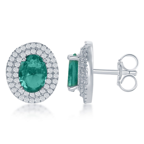 Sterling Silver Oval Simulated Emerald with CZ Border Earrings