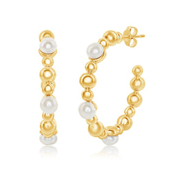 Sterling Silver FWP & Beaded 30mm Hoop Earrings - Gold Plated