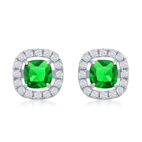 Sterling Silver White CZ Square Stud Earrings - Emerald CZ