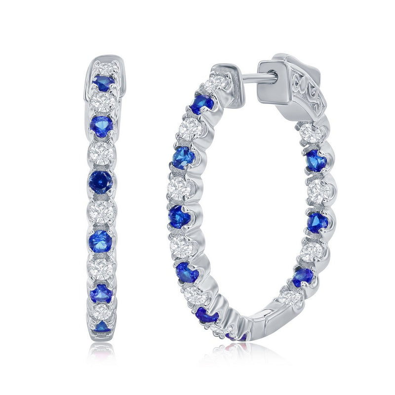 Sterling Silver 3x25mm Hoop Earrings - Created Blue & White Sapphire