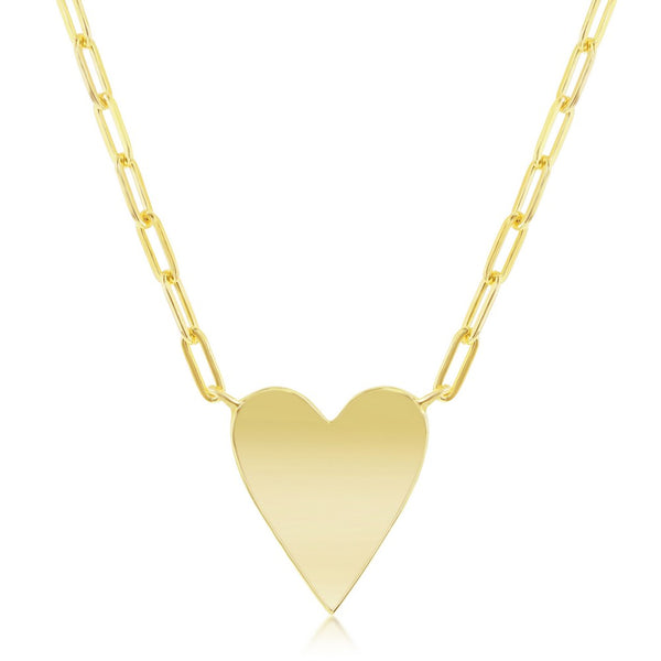 Sterling Silver Polished Heart Paperclip Necklace - Gold Plated