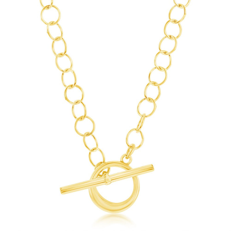 Sterling Silver Cable Link Circle Toggle Necklace - Gold Plated