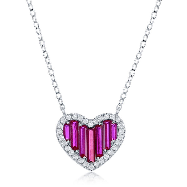 Sterling Silver Round and Baguette CZ Heart Necklace - Ruby CZ