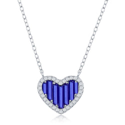 Sterling Silver Round and Baguette CZ Heart Necklace - Blue Spinel CZ