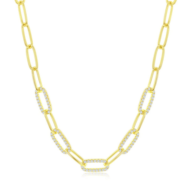 Sterling Silver 5mm CZ Paperclip Necklace - Gold Plated