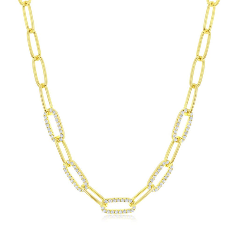 Sterling Silver 5mm CZ Paperclip Necklace - Gold Plated