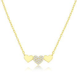 Sterling Silver Triple Heart CZ Bar Necklace - Gold Plated