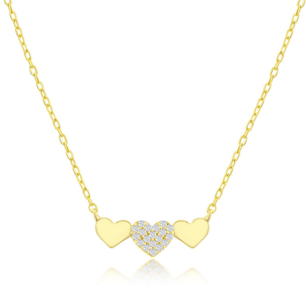 Sterling Silver Triple Heart CZ Bar Necklace - Gold Plated