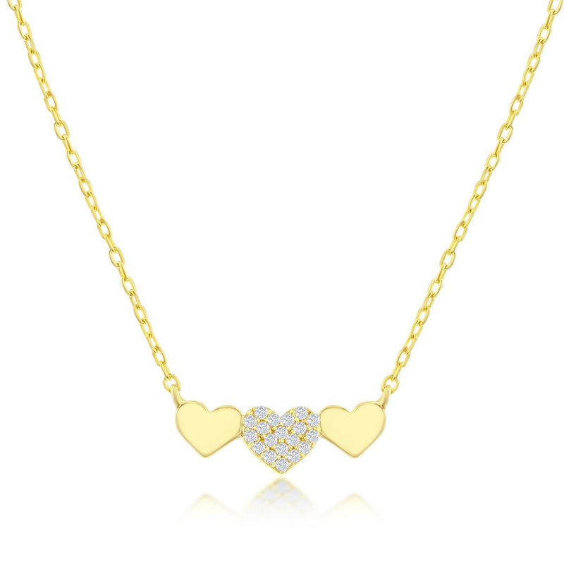 Sterling Silver Triple Heart CZ Bar Necklace - Gold Plated