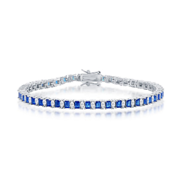 Sterling Silver Rectangle & Marquise CZ 4mm Tennis Bracelet - Sapphire CZ