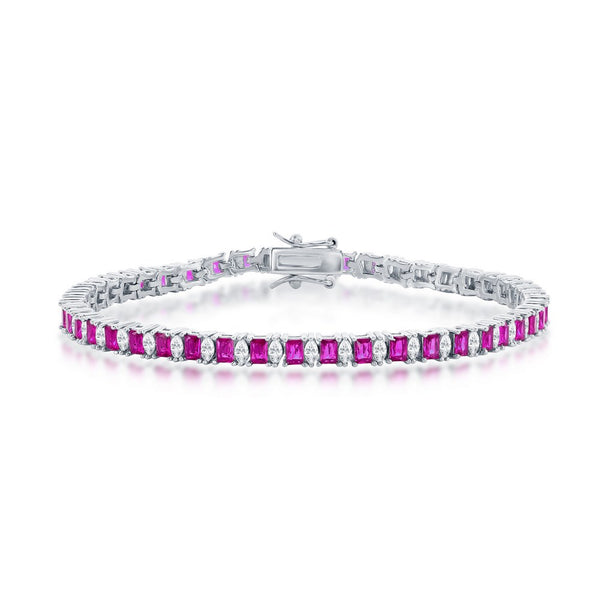 Sterling Silver Rectangle & Marquise CZ 4mm Tennis Bracelet - Ruby CZ