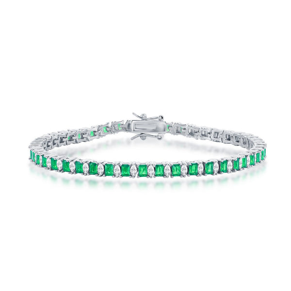 Sterling Silver Rectangle & Marquise CZ 4mm Tennis Bracelet - Emerald CZ