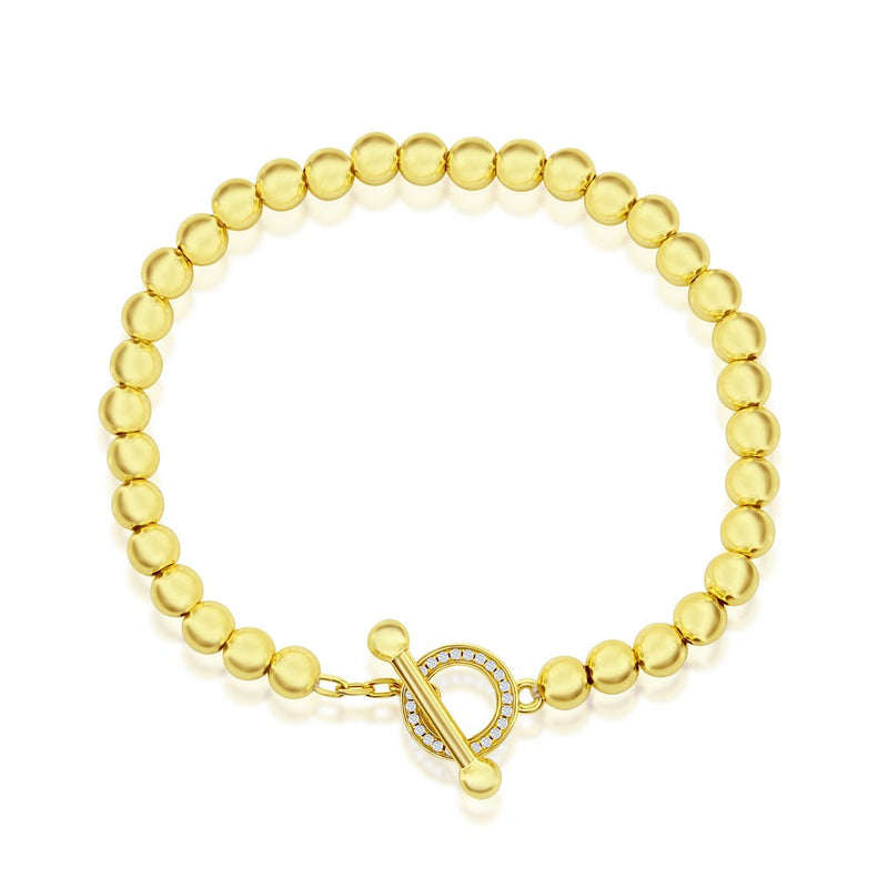 Sterling Silver Beaded Toggle CZ Bracelet - Gold Plated