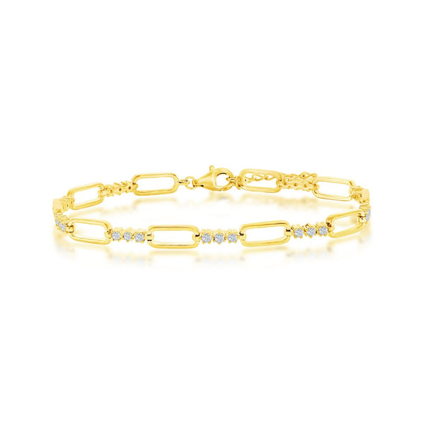 Sterling Silver Alternating Paperclip Design & CZ Bracelet - Gold Plated