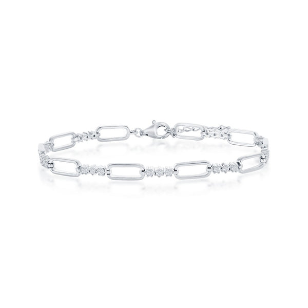 Sterling Silver Alternating Paperclip Design & CZ Bracelet