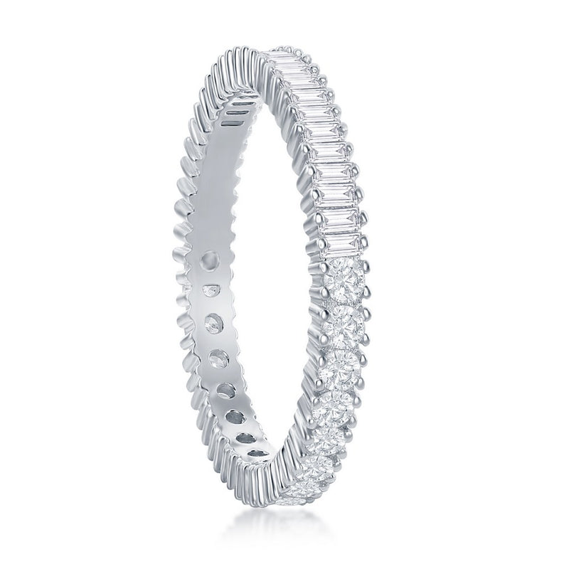 Sterling Silver Half Round and Half Baguette CZ Eternity Band Ring