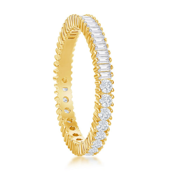 Sterling Gold Half Round and Half Baguette CZ Eternity Band Ring - Gold Plated