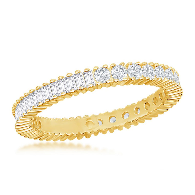 Sterling Gold Half Round and Half Baguette CZ Eternity Band Ring - Gold Plated